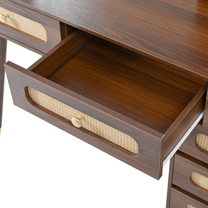 Retro Rattan Makeup Vanity Desk with 5 Drawers and Storage Shelf, Dressing Table with Rectangular Mirror and Touch Light