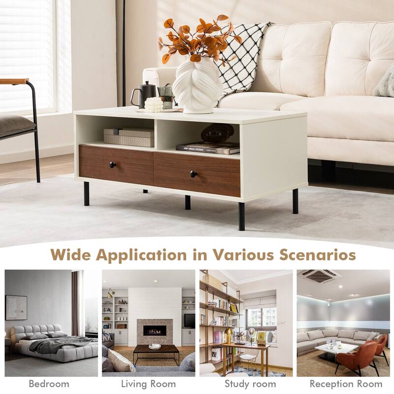 Gymax Coffee Table Modern Rectangle w/ Storage Shelf & Drawers Living