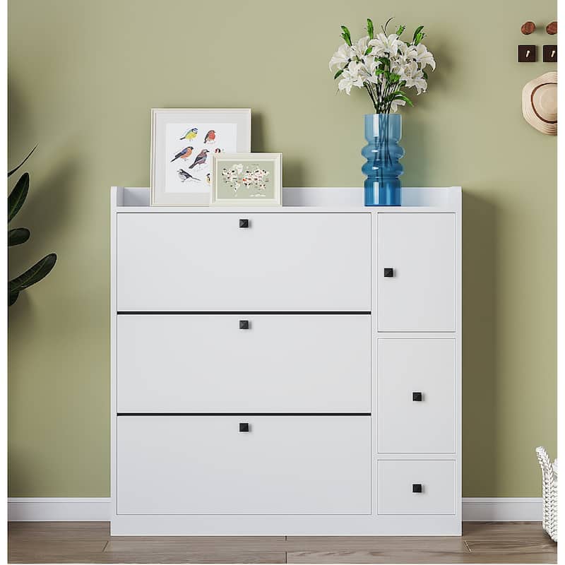 Modern Shoe Cabinet with Pull-Down Seat & 3 Flip Drawers, Freestanding Entryway Storage - White