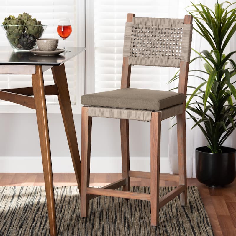 Heyna Transitional Grey Woven Rope Mahogany Counter Stool