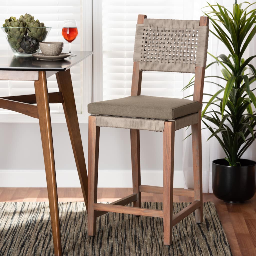 Heyna Transitional Grey Woven Rope Mahogany Counter Stool