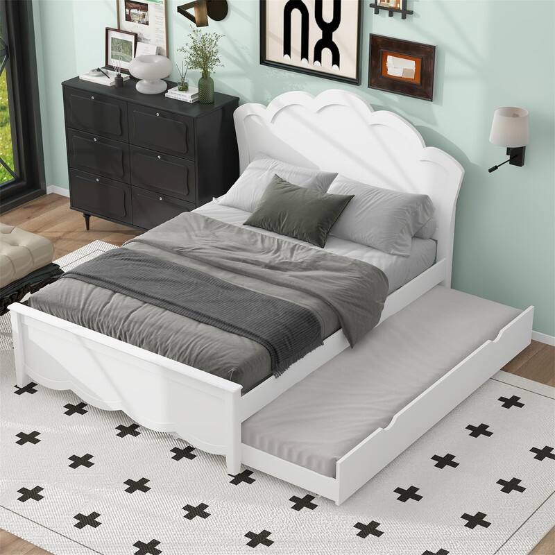 Solid Wood Platform Bed with Twin Size Trundle, Twin/Full Size Bed Frame with Headboard and Slats Support