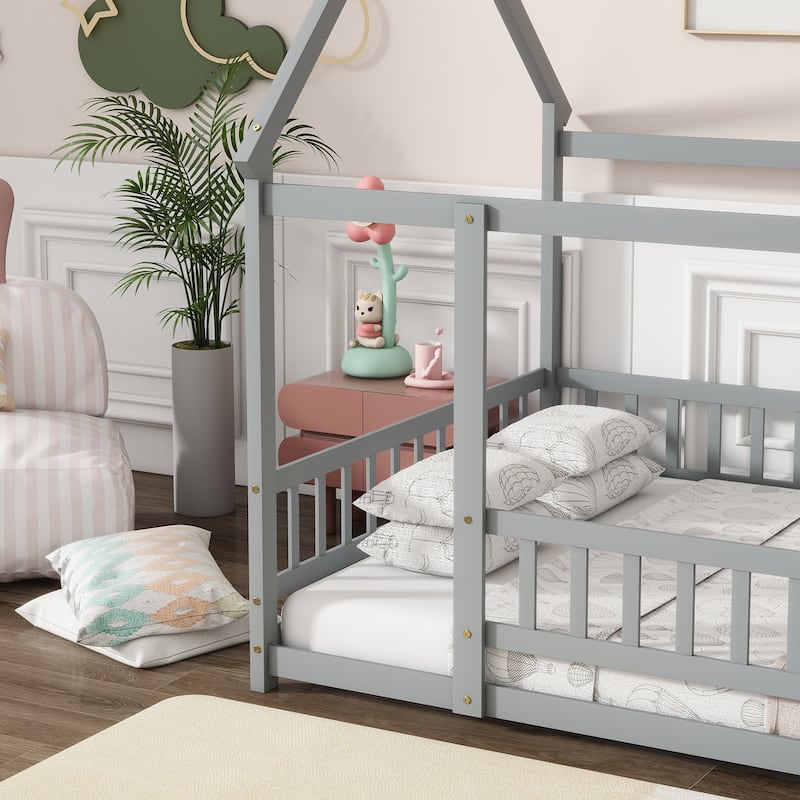 Full Size House Floor Wooden Bed with Roof Frame, Safety Guardrails,Grey