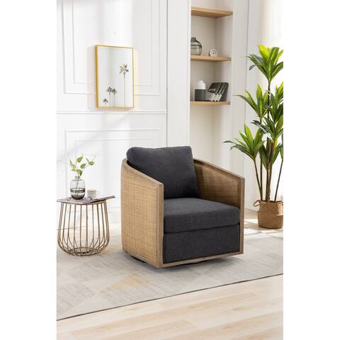 30.12" Velvet Round Chair with Swivel Metal Base, Sturdy Hardwood and Rattan Frame