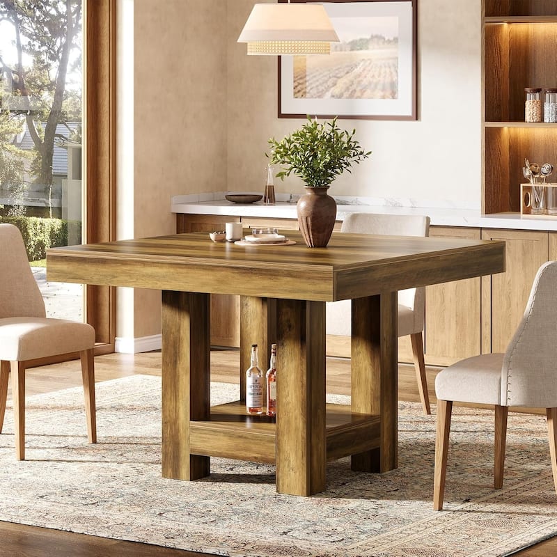 Square Dining Table for 2-4, 39-inch Farmhouse Small Kitchen Dinner Table with Storage Shelf