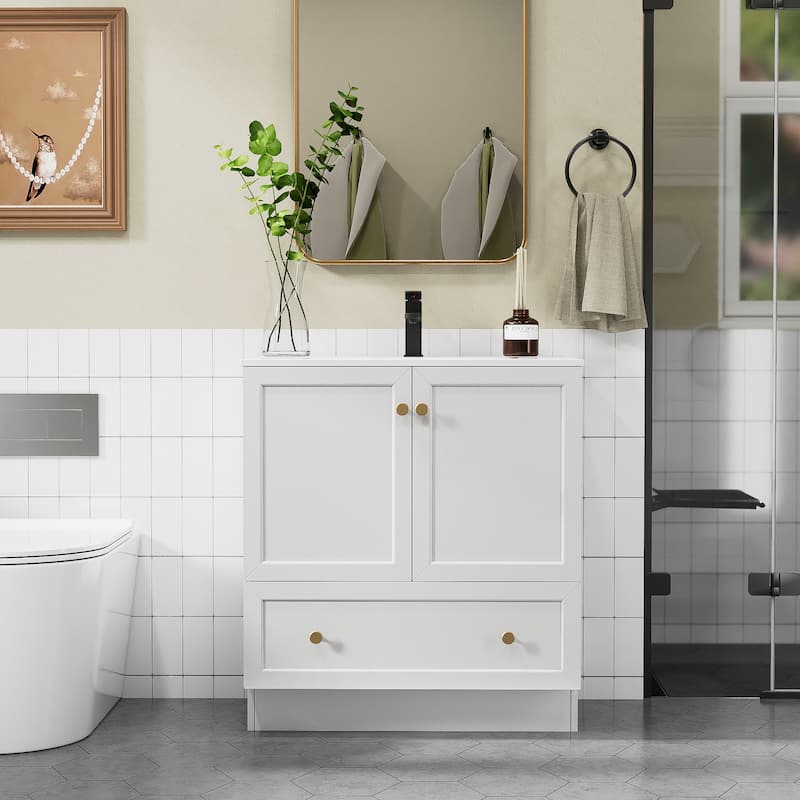 Solid Wood Bathroom Vanity Cabinet with Ceramic Undermount Sink Top Skirting Design - 30 in - White