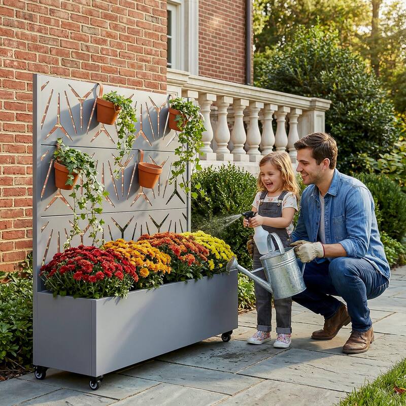 Metal Galvanized Planter Box with Trellis Privacy Screen Lockable Wheels
