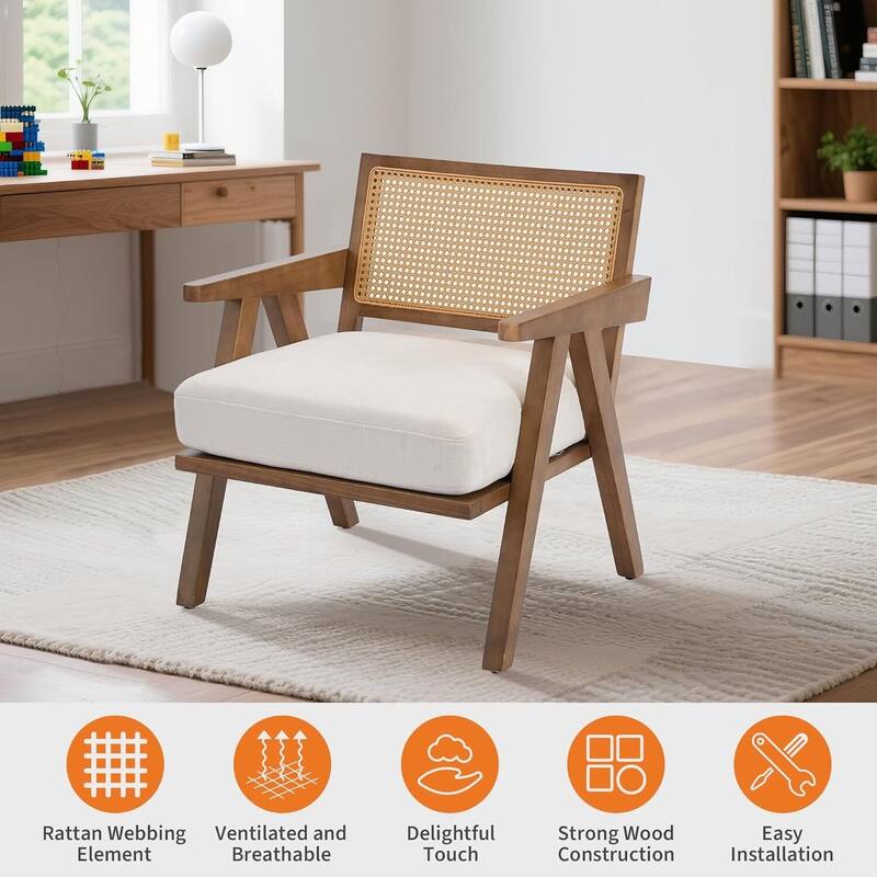 Mid-Century Farmhouse Accent Chair with Rattan Backrest for Living Room, Bedroom