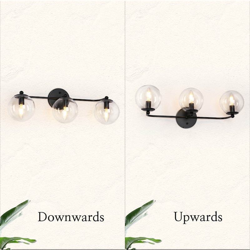 Modern 3-Light Black Bathroom Vanity Lights Linear Fixtures with Clear Triple-globe Glass Shades Wall Sconces for Bathroom
