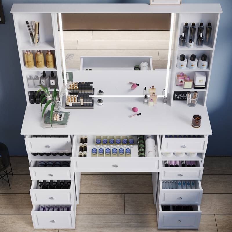 Modern Vanity Set with Lighted Mirror,Extra Large Mirror Makeup Vanity Table with 9 Drawers,European Style Vanity