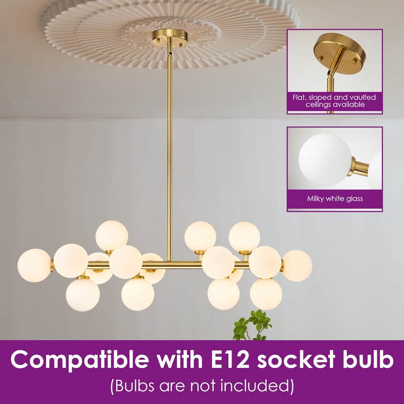 16-Light Modern Sputnik Linear Frosted Opaque Glass Globe Bubble Chandelier for Dining Room - 35.4 in. W x 11.4 in. H