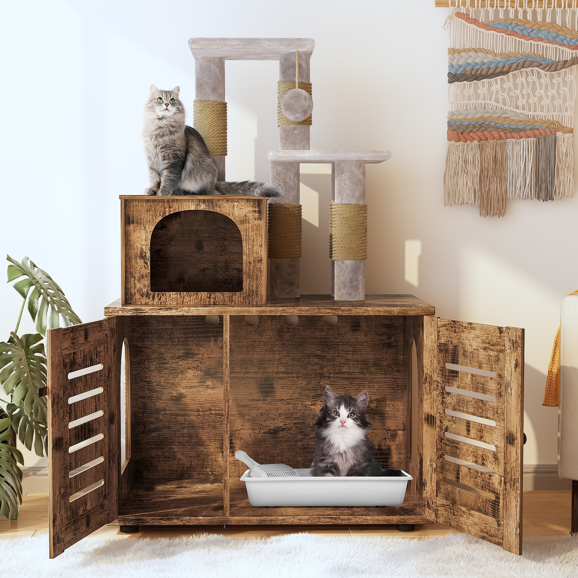 Cat Tree with Wood Litter Box Enclosure All in one Indoor Cat