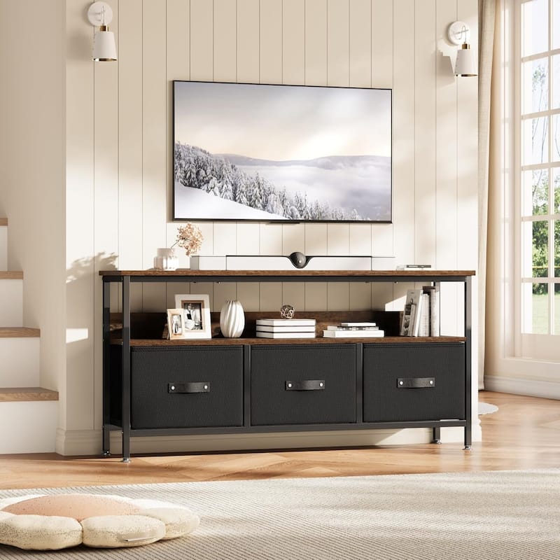 Dresser TV Stand with 3 Fabric Drawers for 55'' TV, Black + Brown - N/A