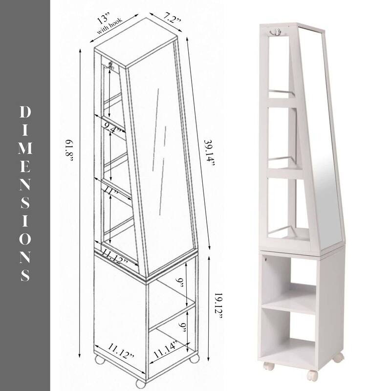 Rotating Bathroom Storage Cabinet with Mirror - 360° Swivel Tower Organizer with Rolling Base & Towel Hooks, White