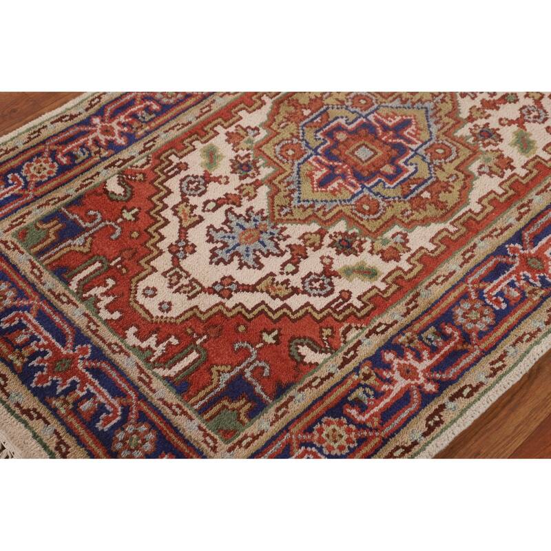 Ivory Geometric Heriz Serapi Indian Foyer Rug Hand-Knotted Wool Carpet - 3'0"x 4'11"