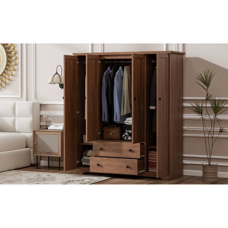 Roomfitters 4-Door Wardrobe Armoire with 2 Drawers and Hanging Rail
