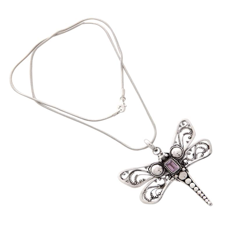 Handmade Amethyst Pendant Necklace, 'Lavender Dragonfly' (Indonesia) - 7'6" x 9'6"