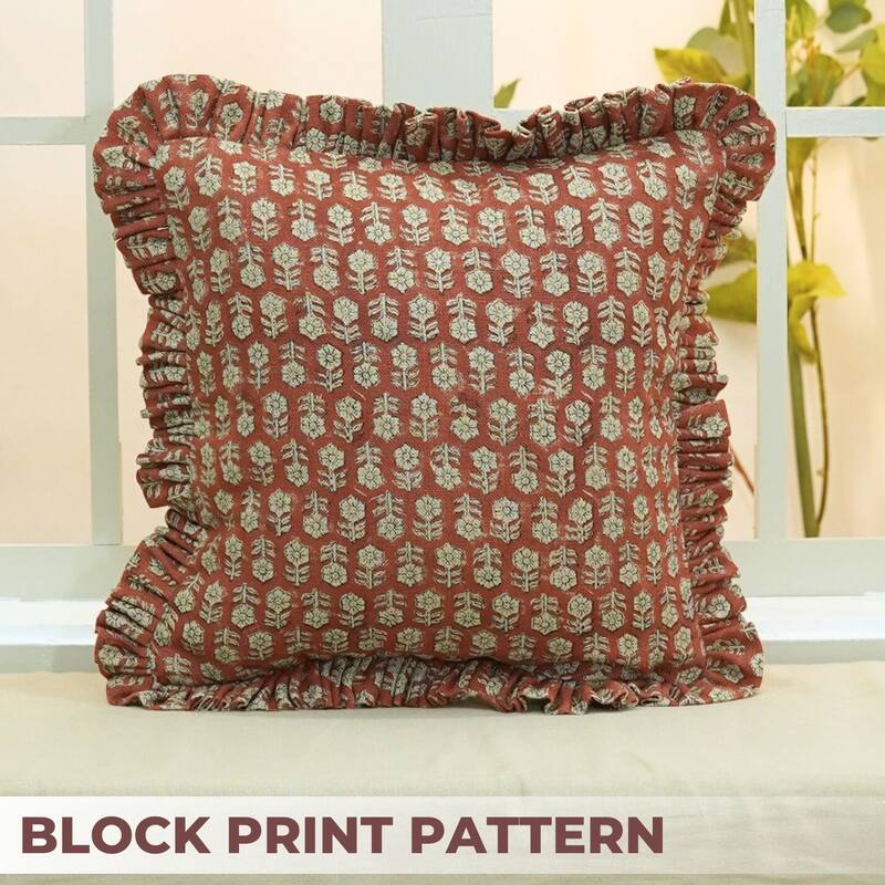 Handmade Rust BLOCK PRINT FRILL PILLOW COVER-TULSIBUTTI