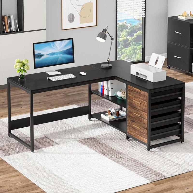 59" L-Shaped Computer Desk with Drawers and Storage Shelves, Reversible, Black