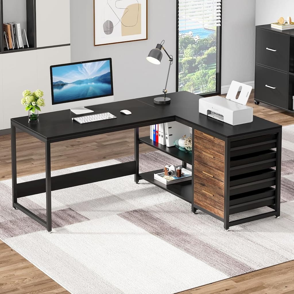 59" L-Shaped Computer Desk with Drawers and Storage Shelves, Reversible, Black