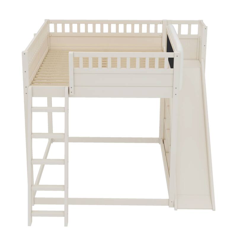 Roomfitters Loft Bed with Upholstered Headboard and Slide, Storage Shelves and Ladder