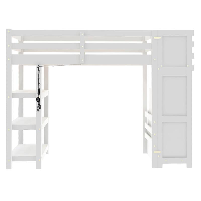 Twin/Full Size LED Loft Bed with Storage Staircase and Wardrobe, Solid Pine Wood High Loftbed Frame with 4 Layer Storage Shelves