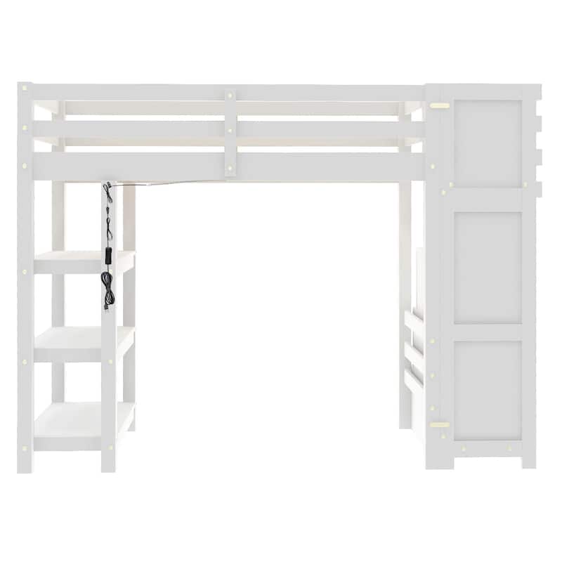 Wooden Loft Bed Frame with 4-tier Storage Shelf, Small Wardrobe, White LED Light and Storage Staircase, Space Saving Storage Bed