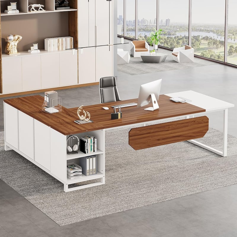 70.8-Inch Executive Desk with 55-Inch File Cabinet, Large L Shaped Walnut & White