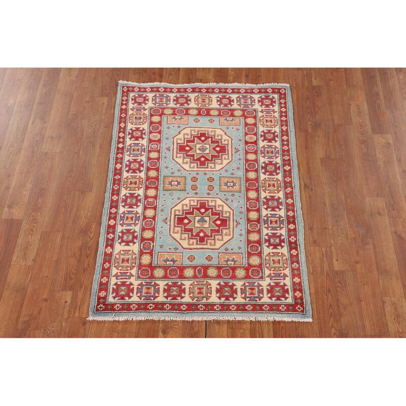Light Blue Kazak Oriental Accent Rug Handmade Geometric Wool Carpet - 2'9" x 3'10"