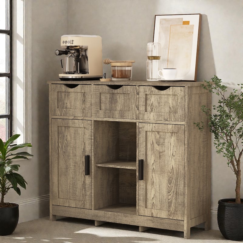 Wooden Storage Cabinet with Drawers and Adjustable Shelves, Floor Accent Cabinet for Living Room Bedroom - Grey