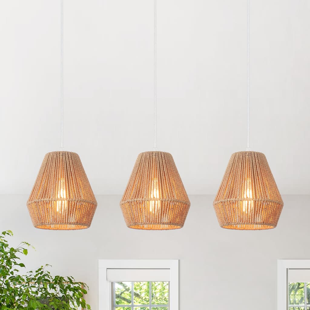 (Set of 3)1-Light Paper Rope Shaded Pendant Lights for Kitchen ，Set of Lghting Fixtures, Farmhouse Semi Flush Mount Chandelier