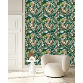 Green Wallpaper with Palm Leaves Peel and Stick and Prepasted - Bed