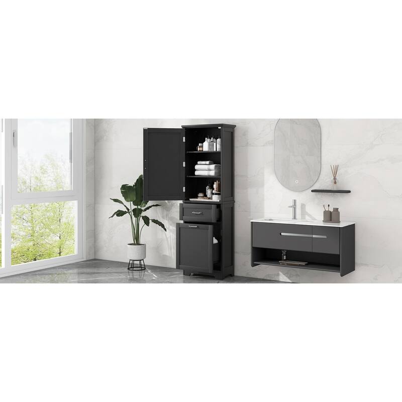 Roomfitters 63" Tall Bathroom Storage Cabinet, Freestanding Linen Tower with 2 Drawers and Adjustable Shelves, Black
