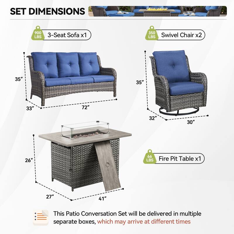 Fire Pit Table with Patio Glider Chairs Sofa Grey-Blue - Grey