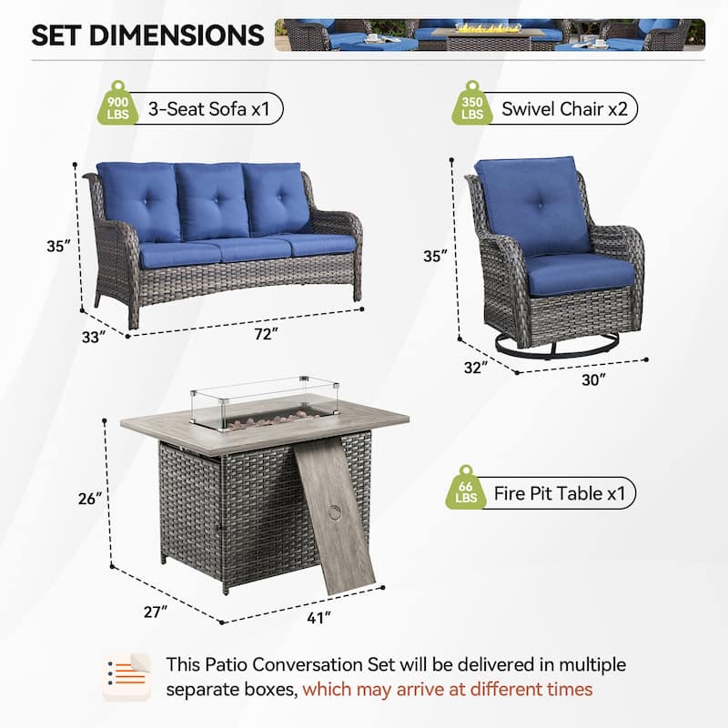 Gymojoy 4-Piece Outdoor Furniture Set, 2 Swivel Glider Chairs, 3-Seat Sofa & 55K BTU Fire Pit Table