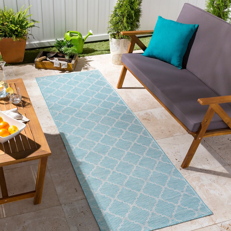 Artistic Weavers Asya Traditional Trellis Outdoor Area Rug - 2'6" x 7'3" Runner - Aqua