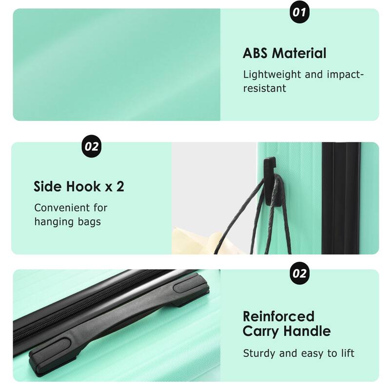 3-Piece, 20, 24, 28-Inch Modern Luggage Sets with Side Hooks and TSA Lock, for Boarding Travel, Green