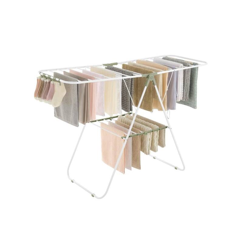 Modern Stainless Steel Clothes Drying Rack with Sock Clips - White-Green
