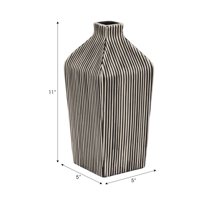 Sagebrook Home Lines Square Stoneware Vase in Black and White Finish, Unique Design
