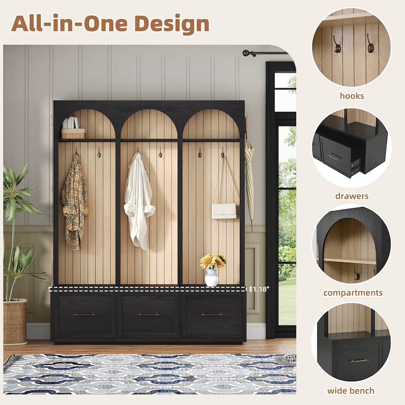 Hall Tree With Arched Design,Entryway Bench With 8 Retro Hooks,Rustic Coat Rack & Shoe Organizer With 3 Drawers