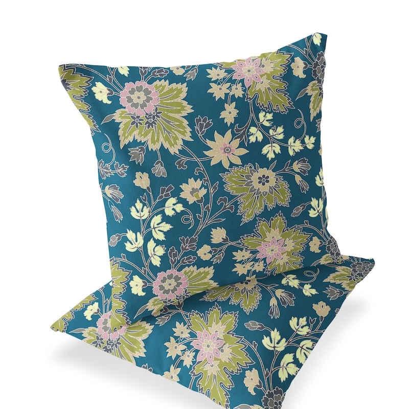 HomeRoots Set of Two 16" X 16" Green and Yellow Blown Seam Floral Indoor Outdoor Throw Pillow - 16.00' X '16.00' X '5.00