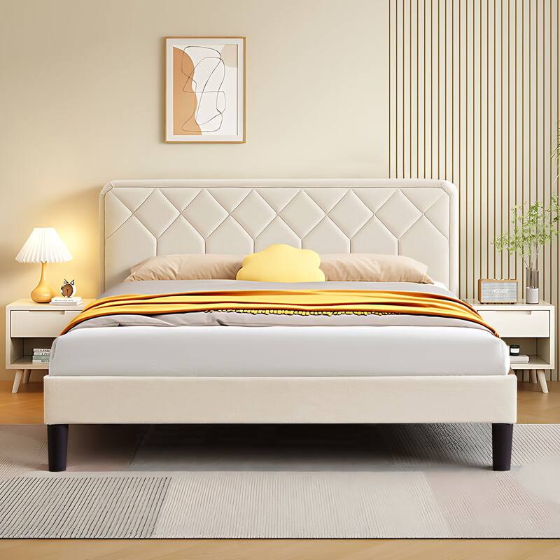 VECELO Adjustable Height Velvet Upholstered Bed Diamond Tufted Headboard with 7.8" Underbed Storage No Box Spring Needed - Beige - Queen