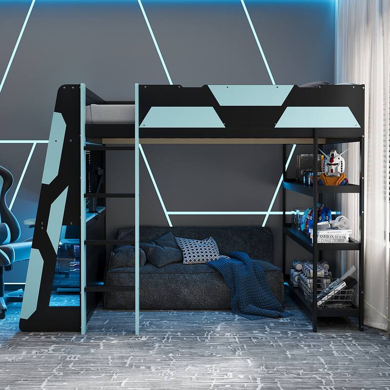 Full Size Gaming Loft Bed Station with Desk, Storage Shelves & RGB LED Lights