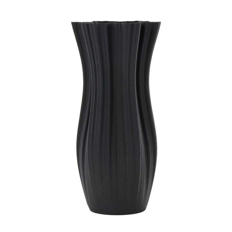 Black Ceramic Ribbed Tulip Inspired Abstract Vase with Floral Shaped Rim