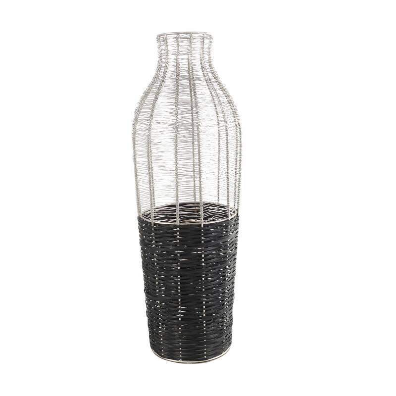 Silver Metal Tall Vase with Woven Black Rattan Base
