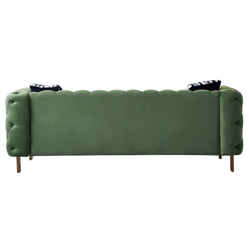 Velvet Tufted Sofa with Gold Metal Legs & Toss Pillows - 84" Width