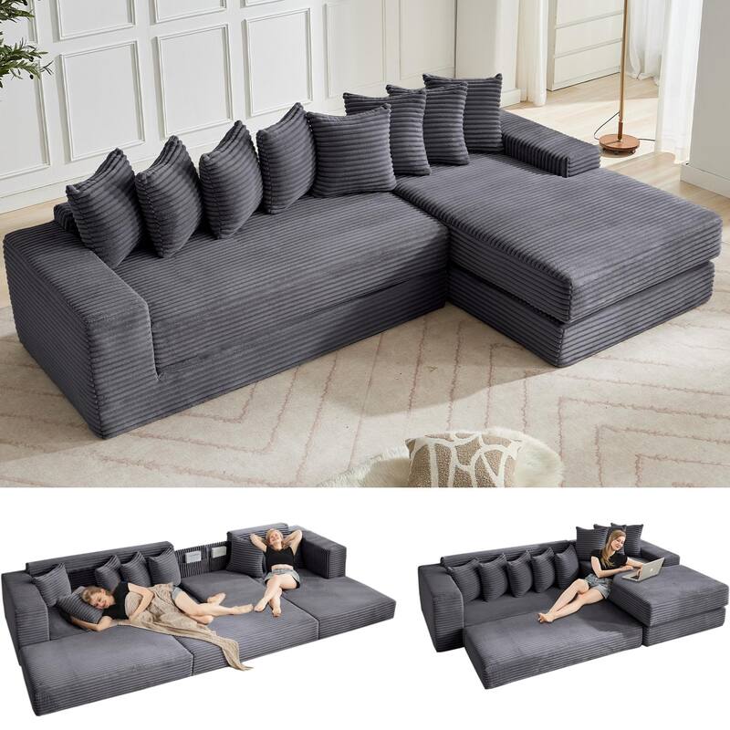 Corduroy L-shaped Chaise Sectional Sofa Convertible Sleeper Sofa Bed