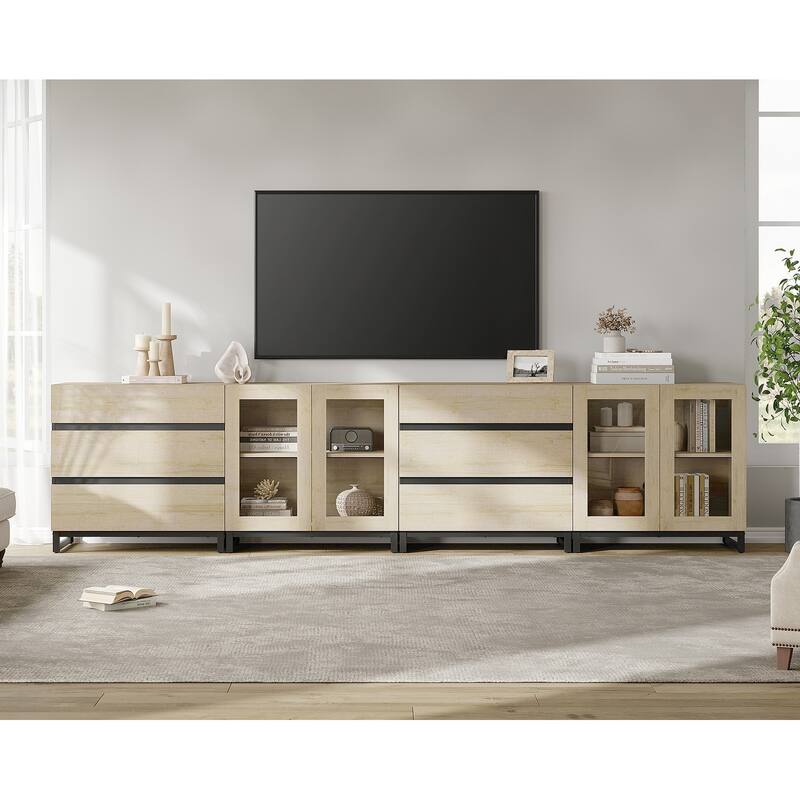 4 in 1 TV Stand for 120" TVs, Console with Glass Doors & 6 Drawers, Entertainment Center