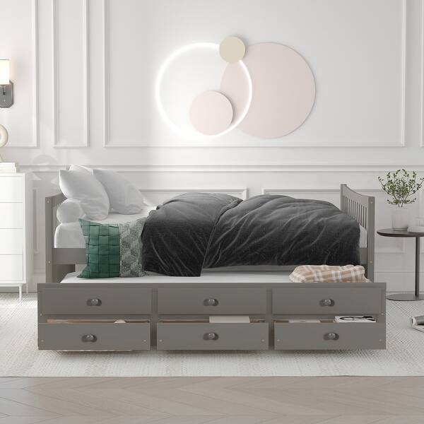 slide 2 of 24, Wood Daybed Frame Full Size Sofa Bed with Pull-out Trundle Bed, Wood Slat Support & 3 Storage Drawers, for Livingroom Guest Room Gray
