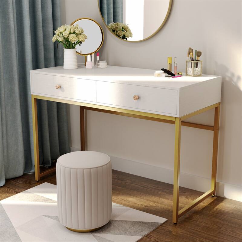 47 inch Home Office Desk Study Writing Table with 2 Storage Drawers - White Gold